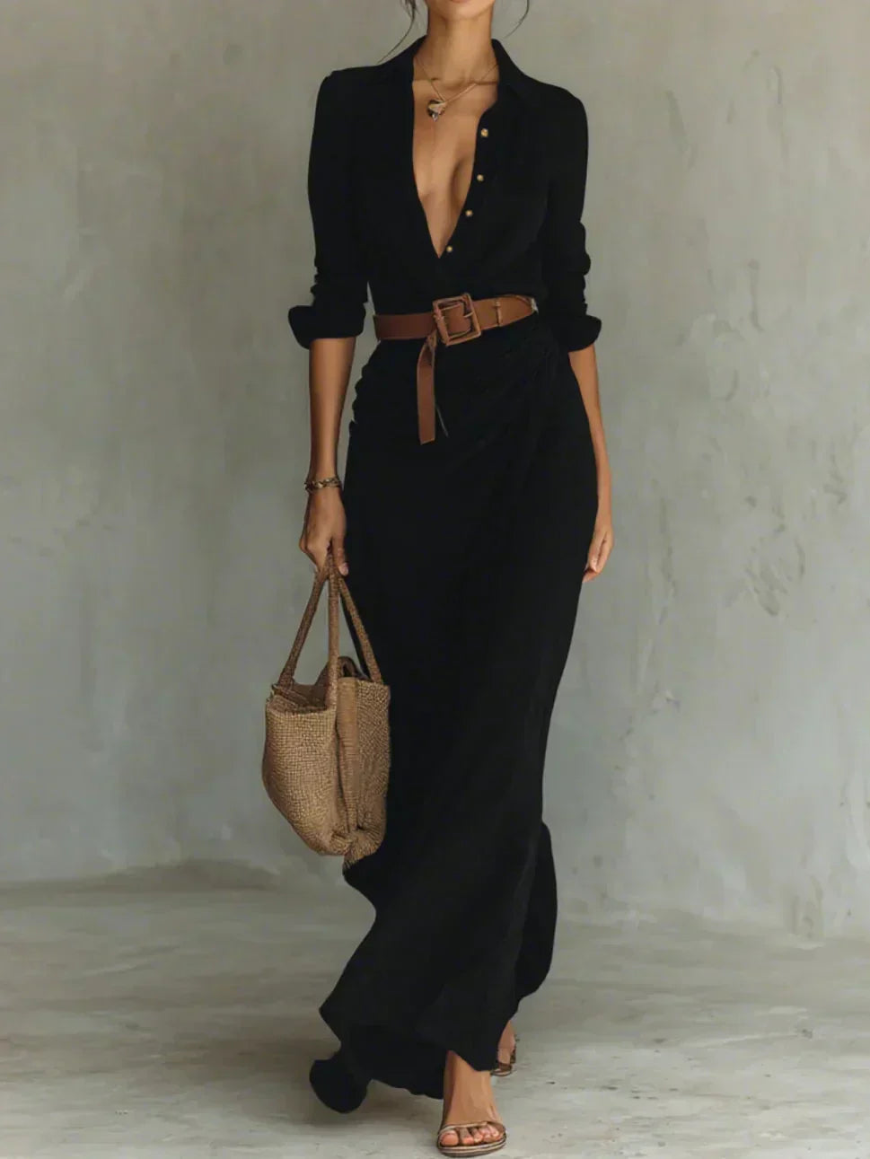 Camille™ | Maxi Abito con Rever e Cintura in Vita