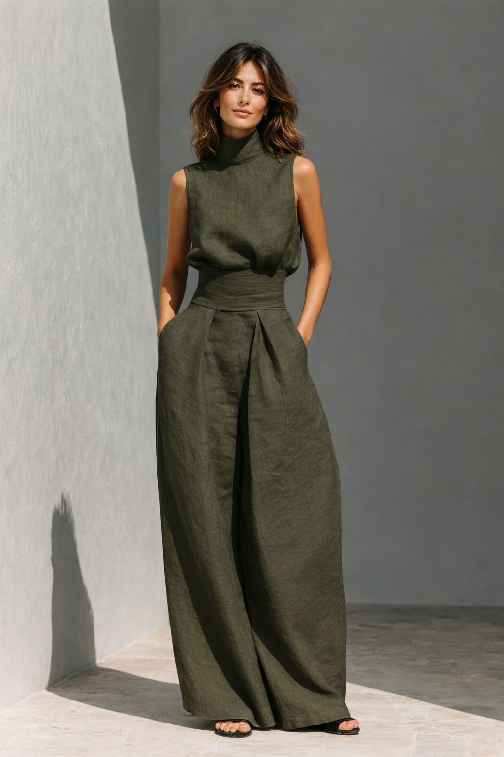 Maria - Completo di canotta e pantaloni larghi in cotone e lino minimalista per donna