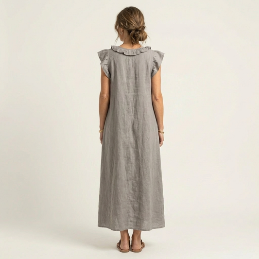 Josette | Maxi Abito in Lino con Scollo a V e Volant