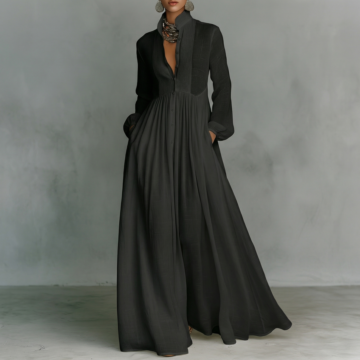 Elisa | Maglia maxi minimalista in cotone e lino con patchwork, collo alto e maniche lunghe