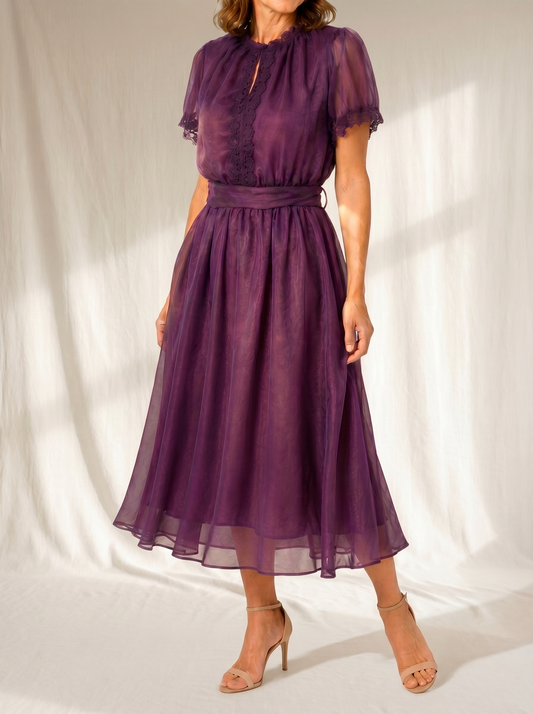 Flavia | Maxi Abito con Scollo a Goccia e Bordo in Pizzo Chiffon