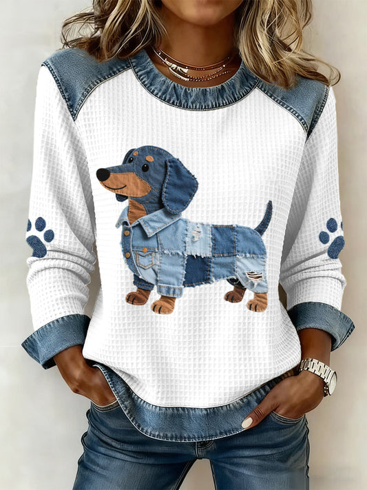 Nuria | Maglione con Bassotto in Denim Patchwork