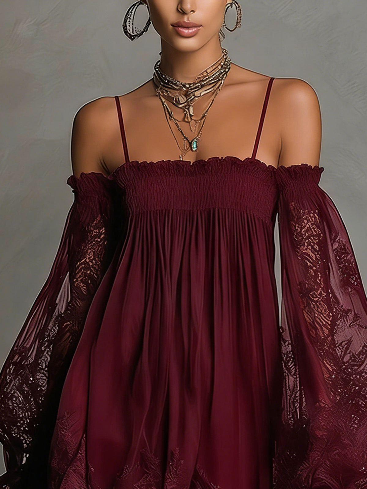 Noemi | Vestito mini in chiffon blu navy con scollo a spalle scoperte, bordo in pizzo e maniche trasparenti