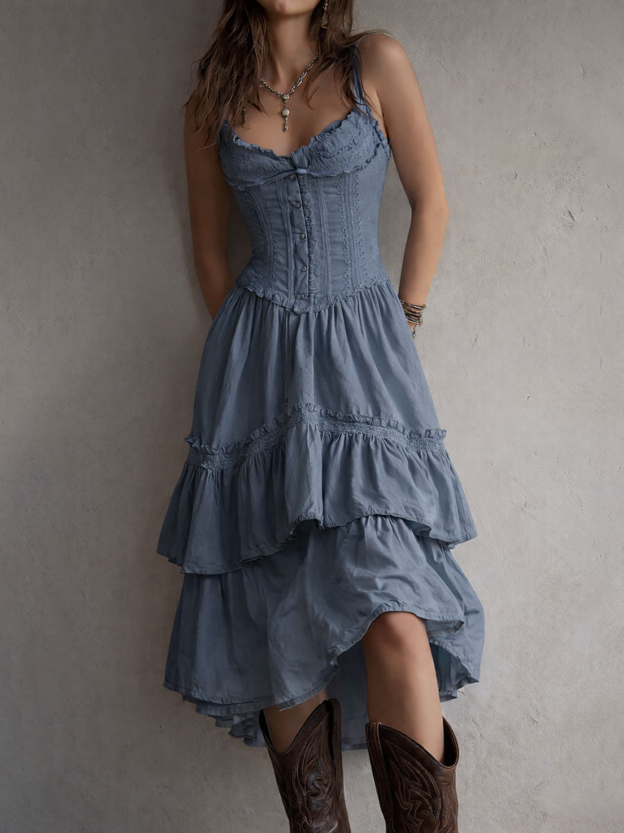 Abito Midi a Strati Boho Retrò con Corsetto e Bordo in Pizzo