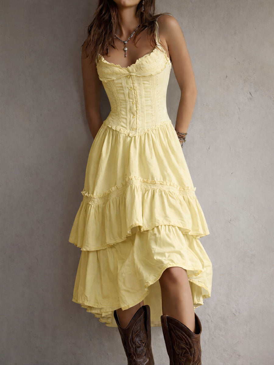 Abito Midi a Strati Boho Retrò con Corsetto e Bordo in Pizzo