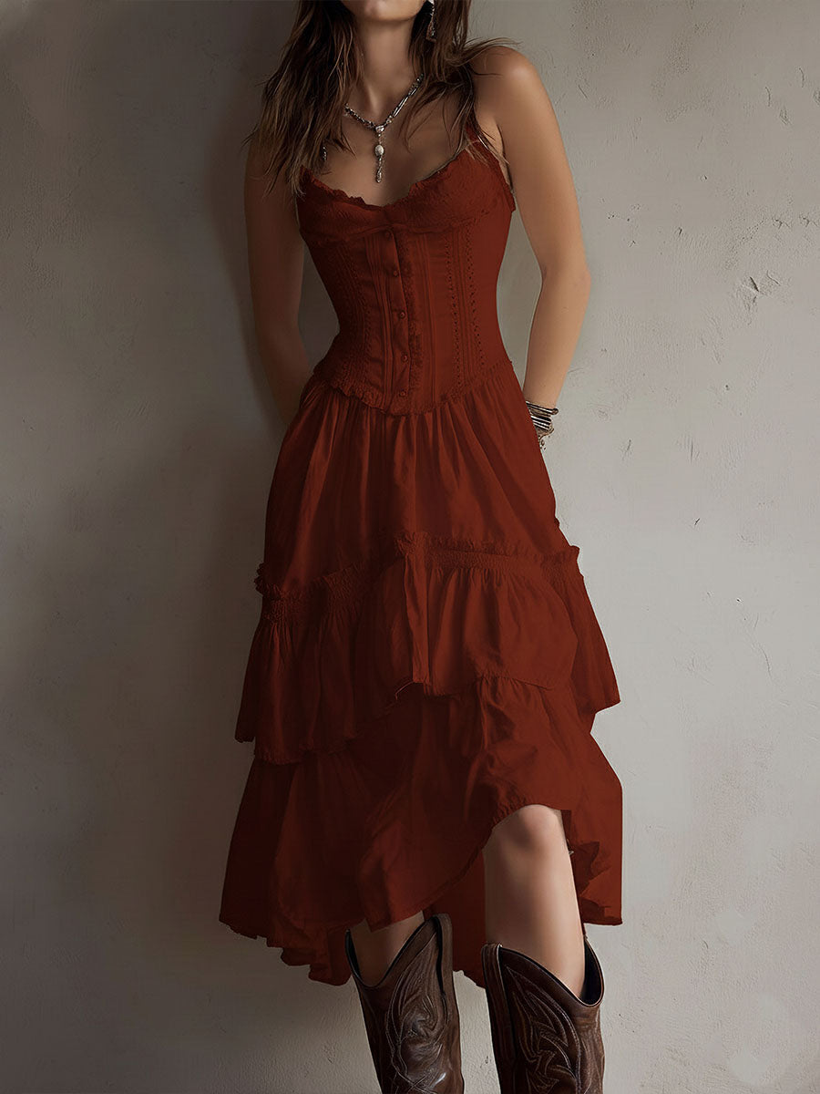 Abito Midi a Strati Boho Retrò con Corsetto e Bordo in Pizzo