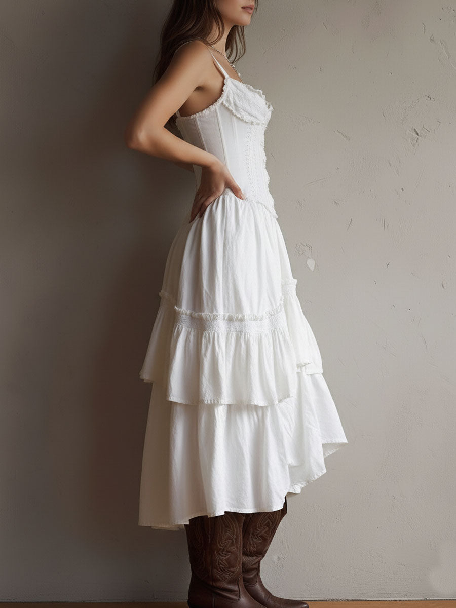 Abito Midi a Strati Boho Retrò con Corsetto e Bordo in Pizzo