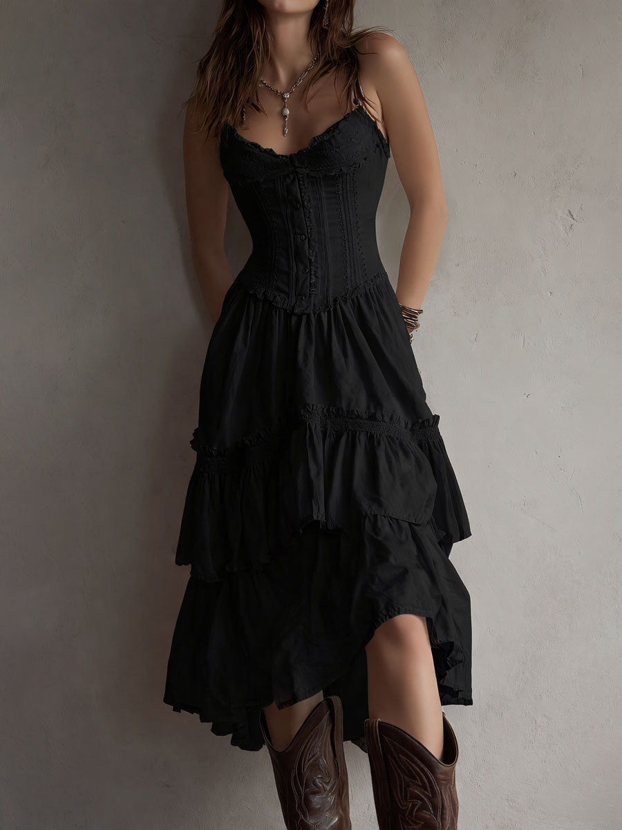 Abito Midi a Strati Boho Retrò con Corsetto e Bordo in Pizzo