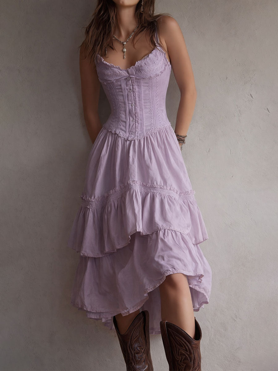 Abito Midi a Strati Boho Retrò con Corsetto e Bordo in Pizzo