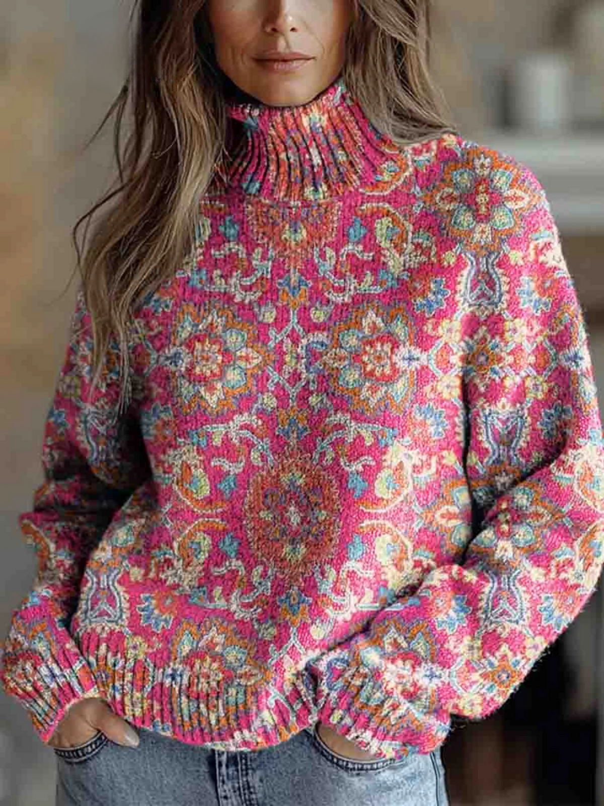 Nivellea | Maglione Floreale Etnico Retrò Collo Alto