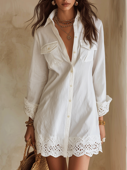 Abito Camicia Mini Resort Bianco Bohémien con Orlo a Occhielli
