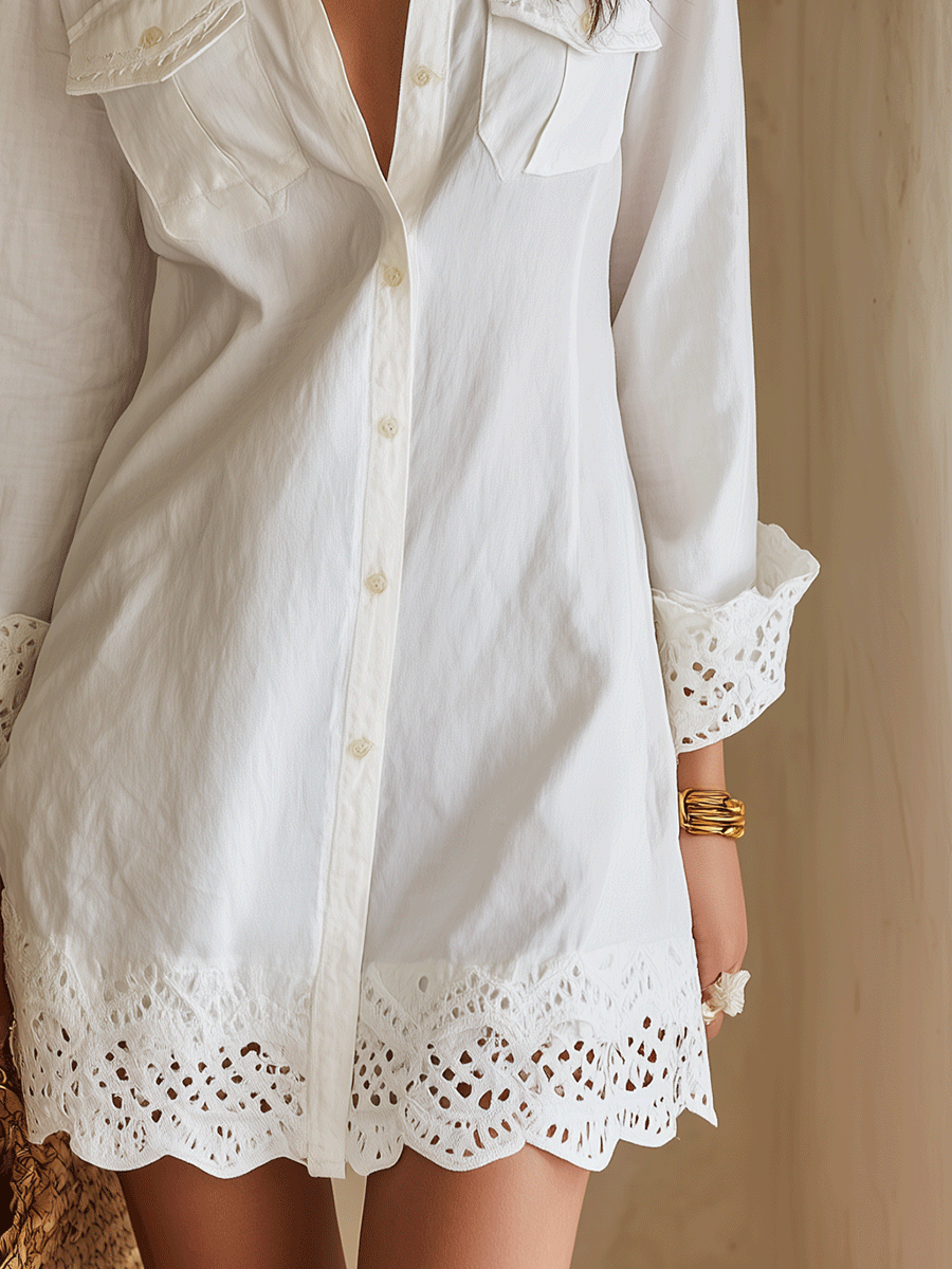 Abito Camicia Mini Resort Bianco Bohémien con Orlo a Occhielli