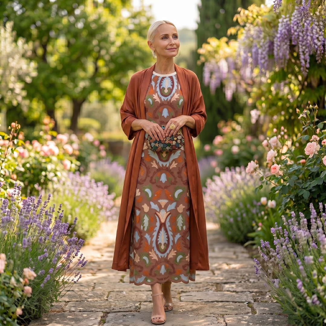 Aura | Abito Lungo Stampato con Gilet Coordinato