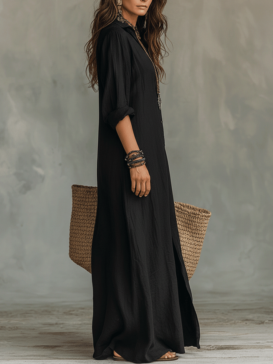 Maxi Abito Camicia Bohémien con Bottoni Frontali