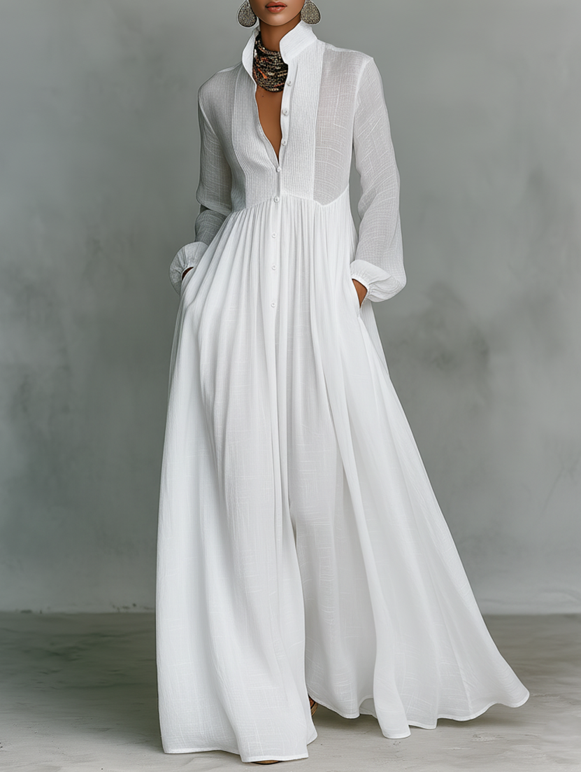 Elisa | Maglia maxi minimalista in cotone e lino con patchwork, collo alto e maniche lunghe