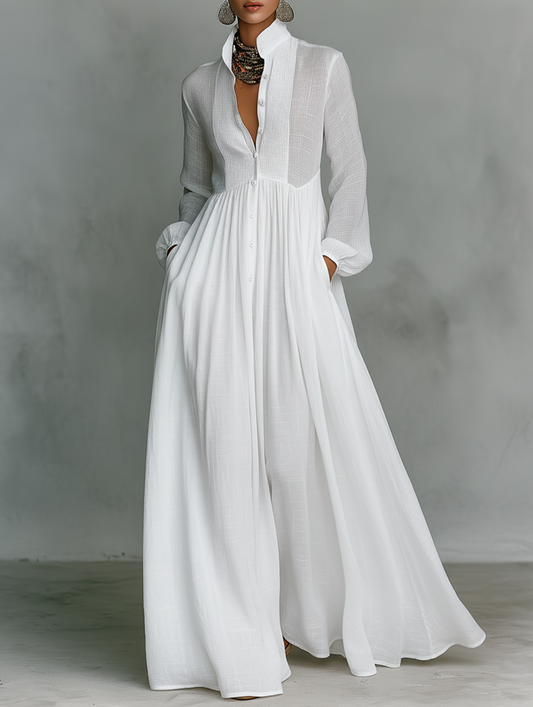 Elisa | Maglia maxi minimalista in cotone e lino con patchwork, collo alto e maniche lunghe