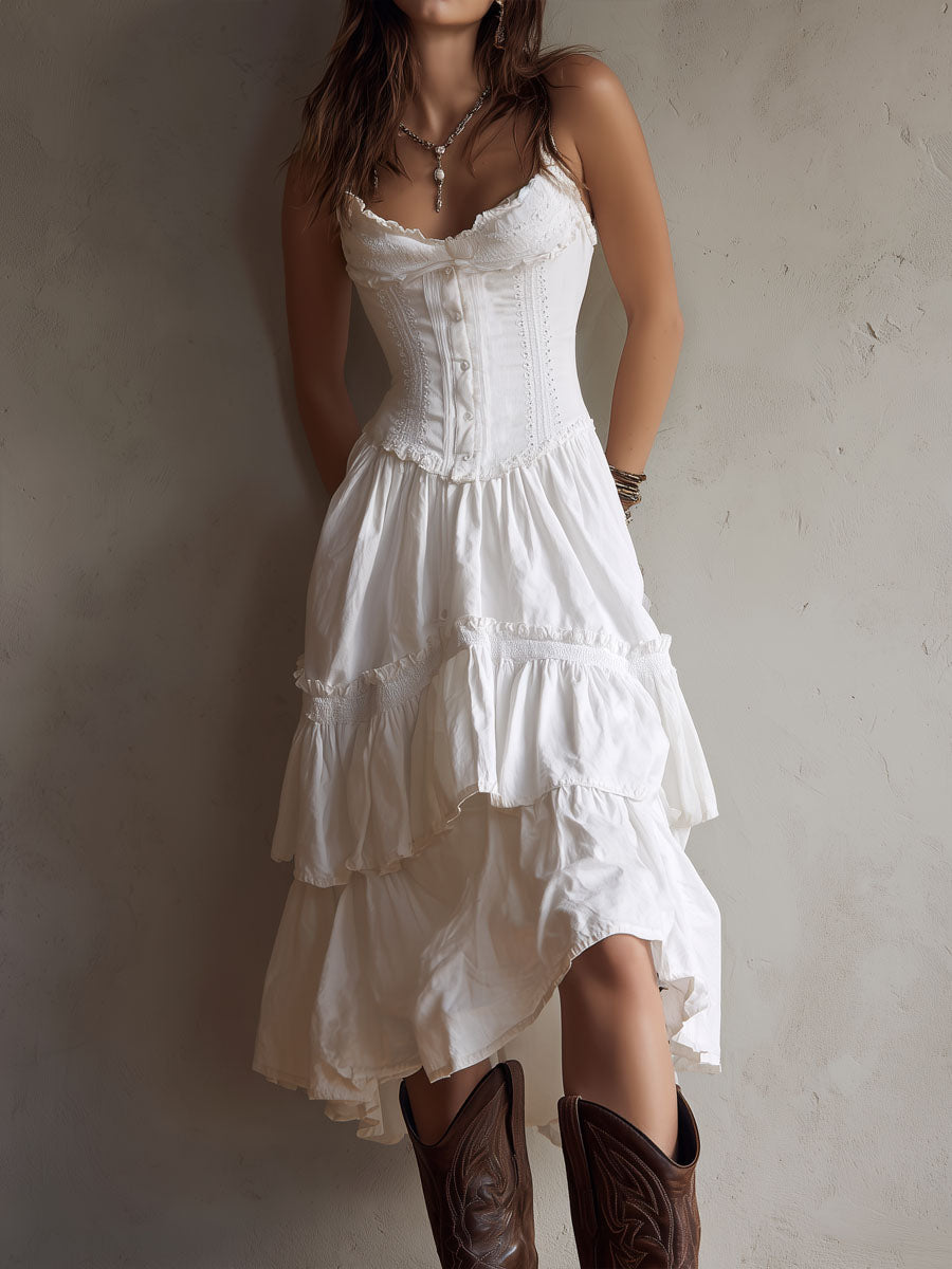 Abito Midi a Strati Boho Retrò con Corsetto e Bordo in Pizzo