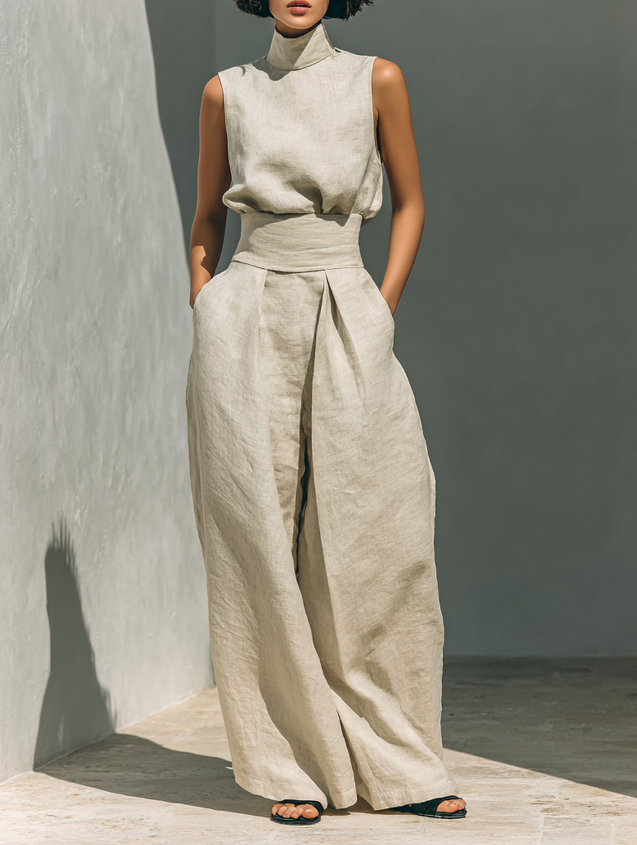 Maria™ | Set completo con top a canotta e pantaloni larghi in cotone e lino