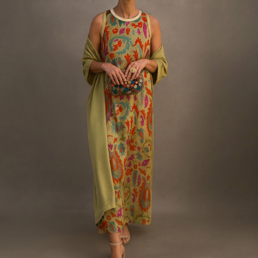 Aura | Abito Lungo Stampato con Gilet Coordinato
