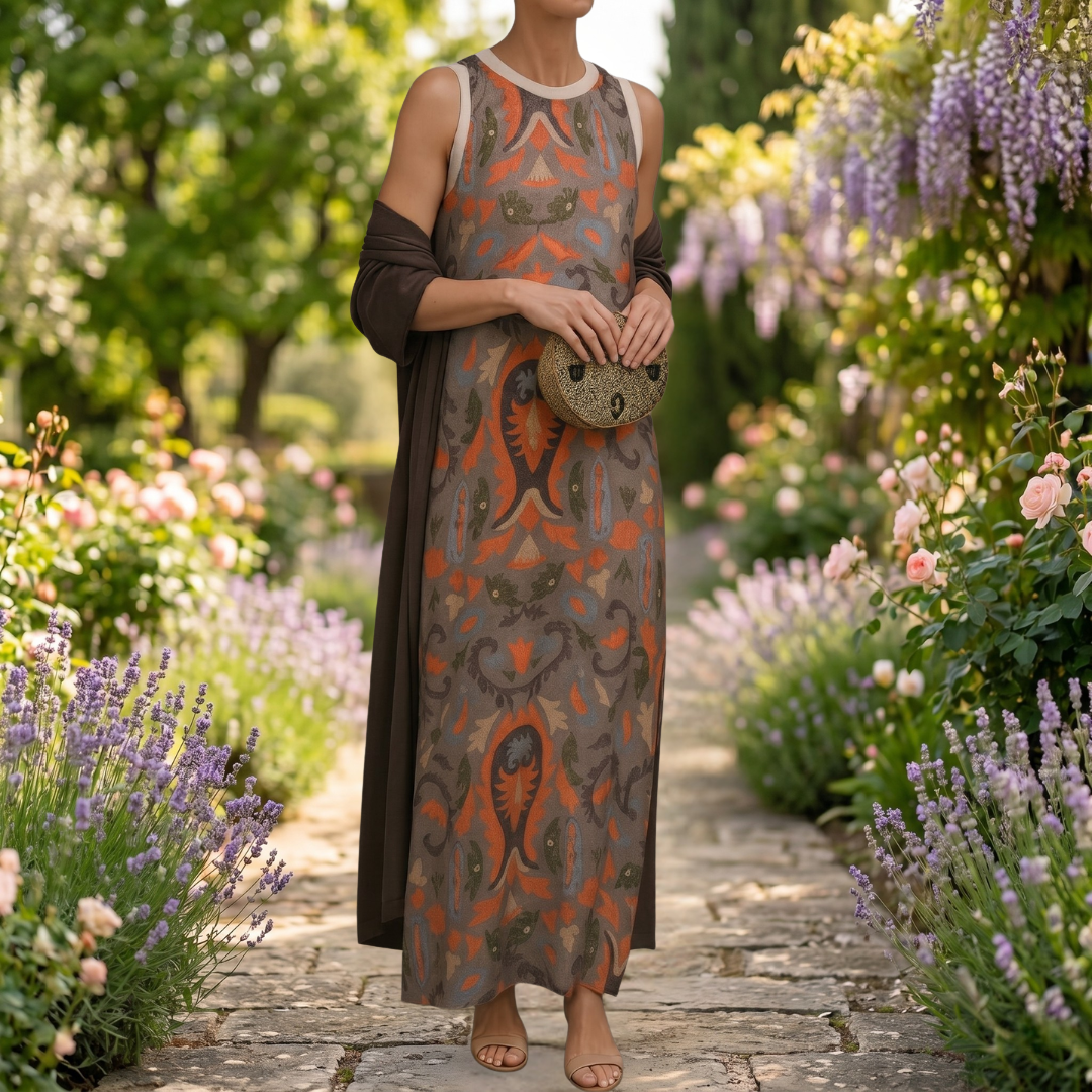 Aura | Abito Lungo Stampato con Gilet Coordinato