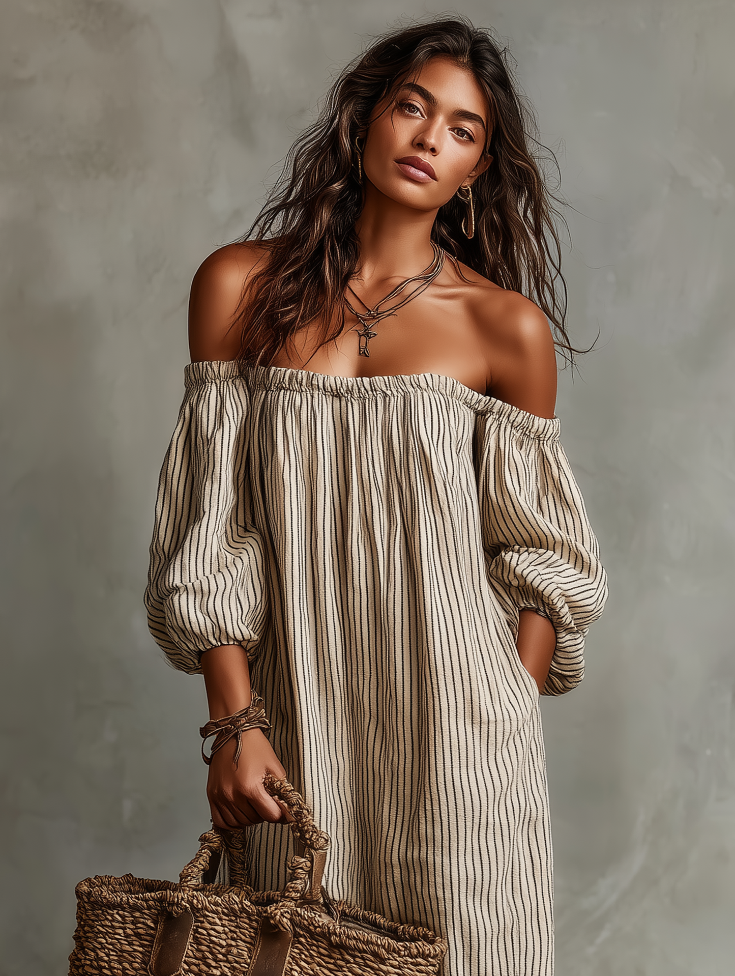 Carmen | Abito lungo in cotone e lino con design off-the-shoulder