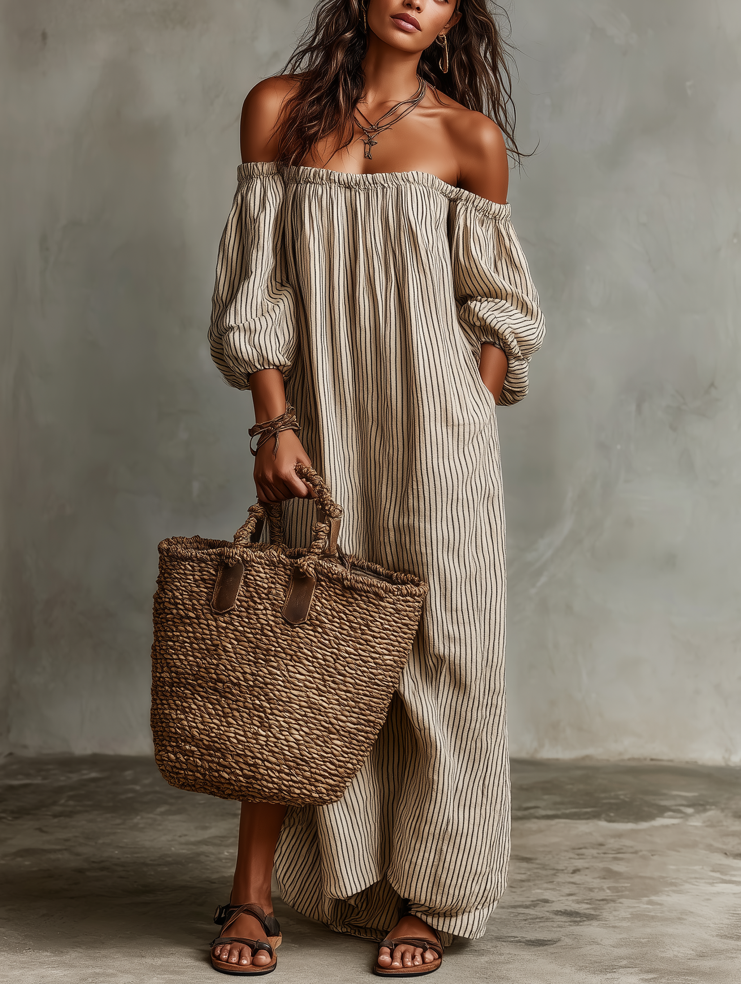 Carmen | Abito lungo in cotone e lino con design off-the-shoulder