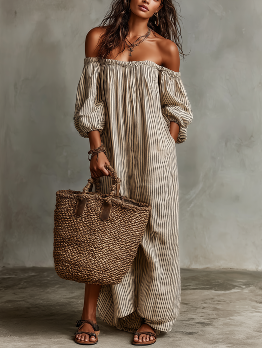Carmen | Abito lungo in cotone e lino con design off-the-shoulder