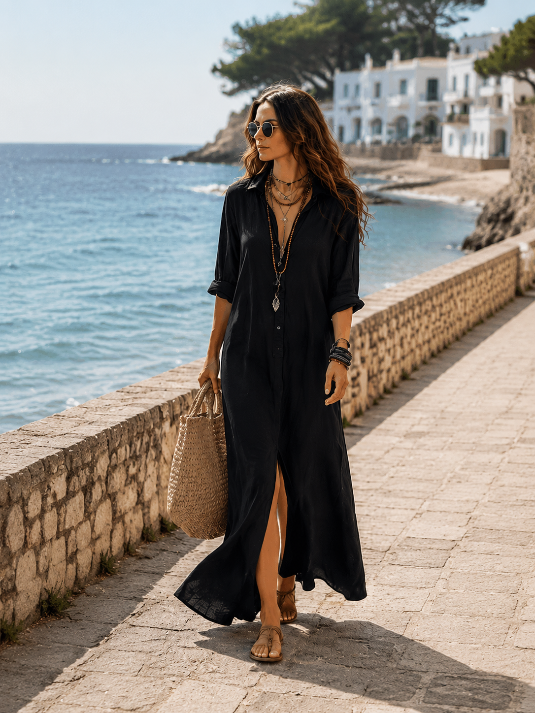 Maxi Abito Camicia Bohémien con Bottoni Frontali