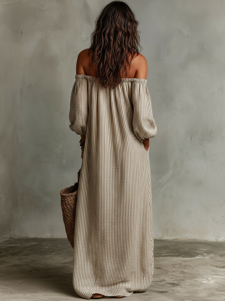 Carmen | Abito lungo in cotone e lino con design off-the-shoulder