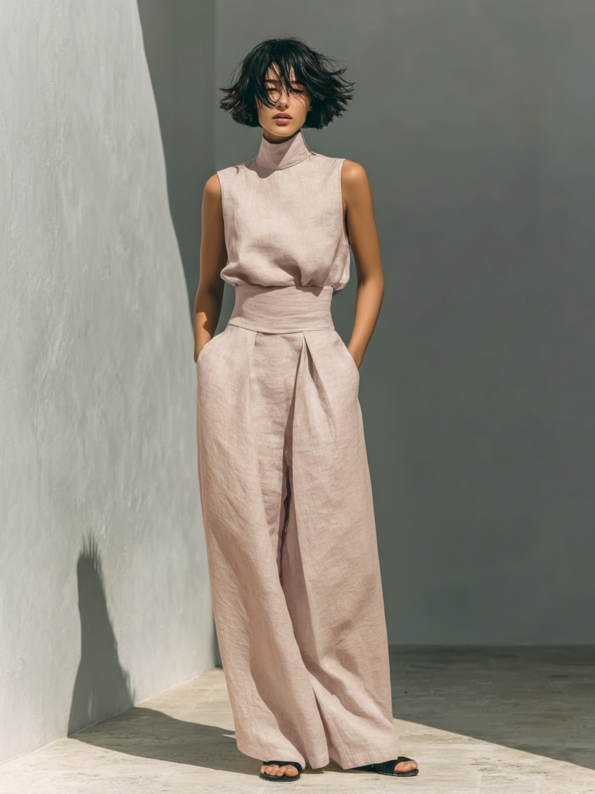 Maria™ | Set completo con top a canotta e pantaloni larghi in cotone e lino
