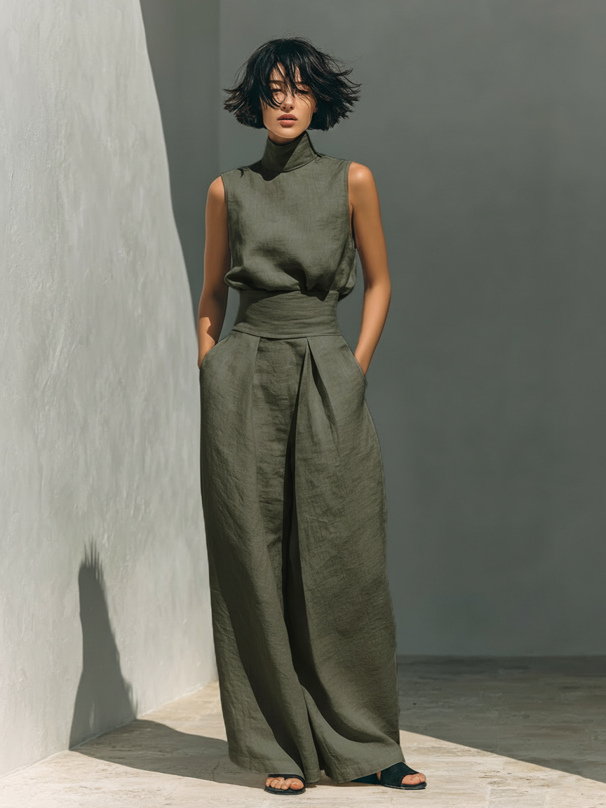 Maria™ | Set completo con top a canotta e pantaloni larghi in cotone e lino