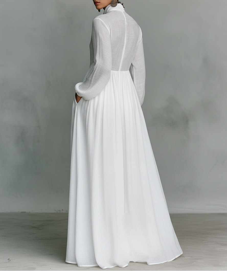 Elisa | Maglia maxi minimalista in cotone e lino con patchwork, collo alto e maniche lunghe