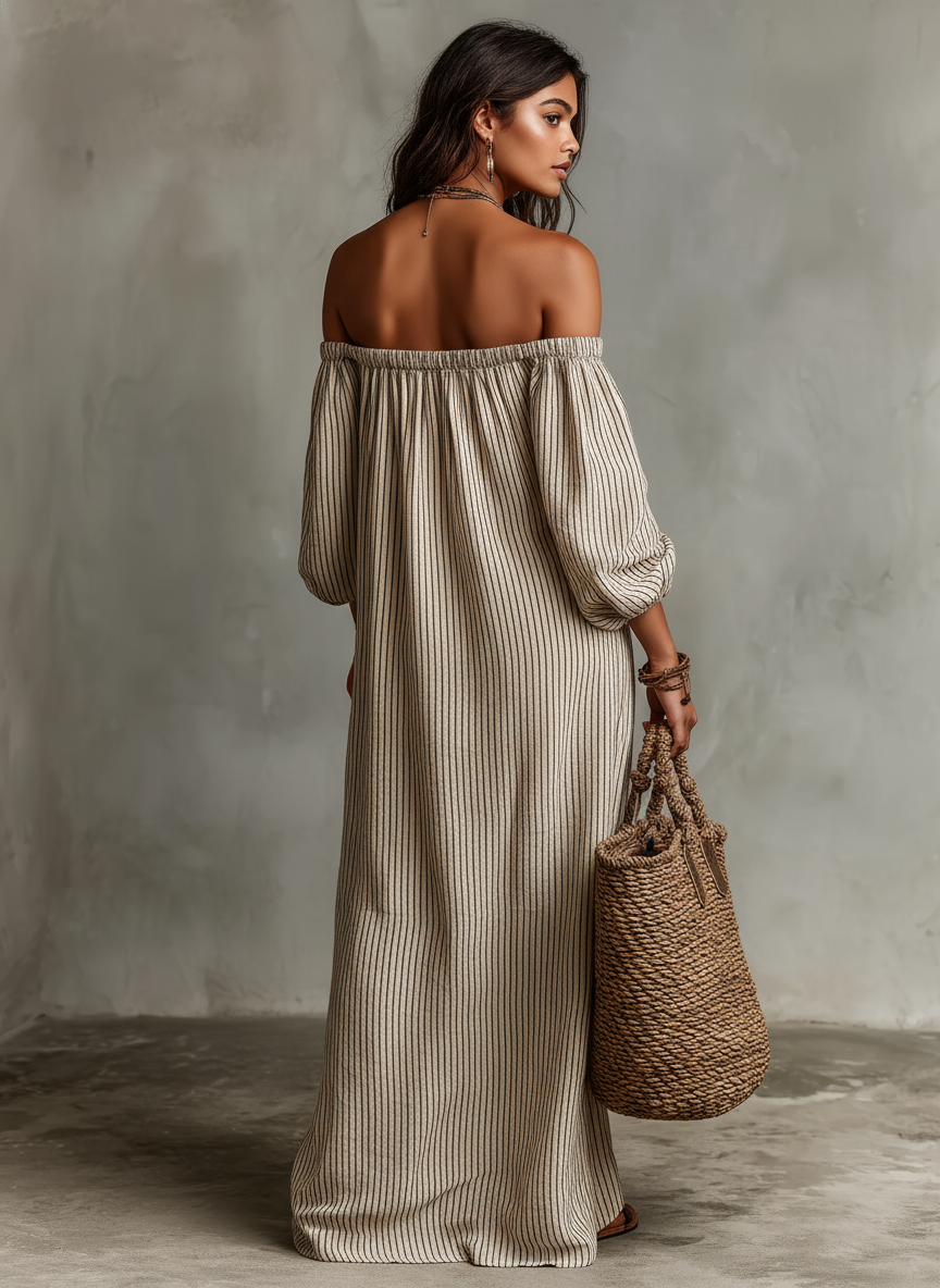 Carmen | Abito lungo in cotone e lino con design off-the-shoulder