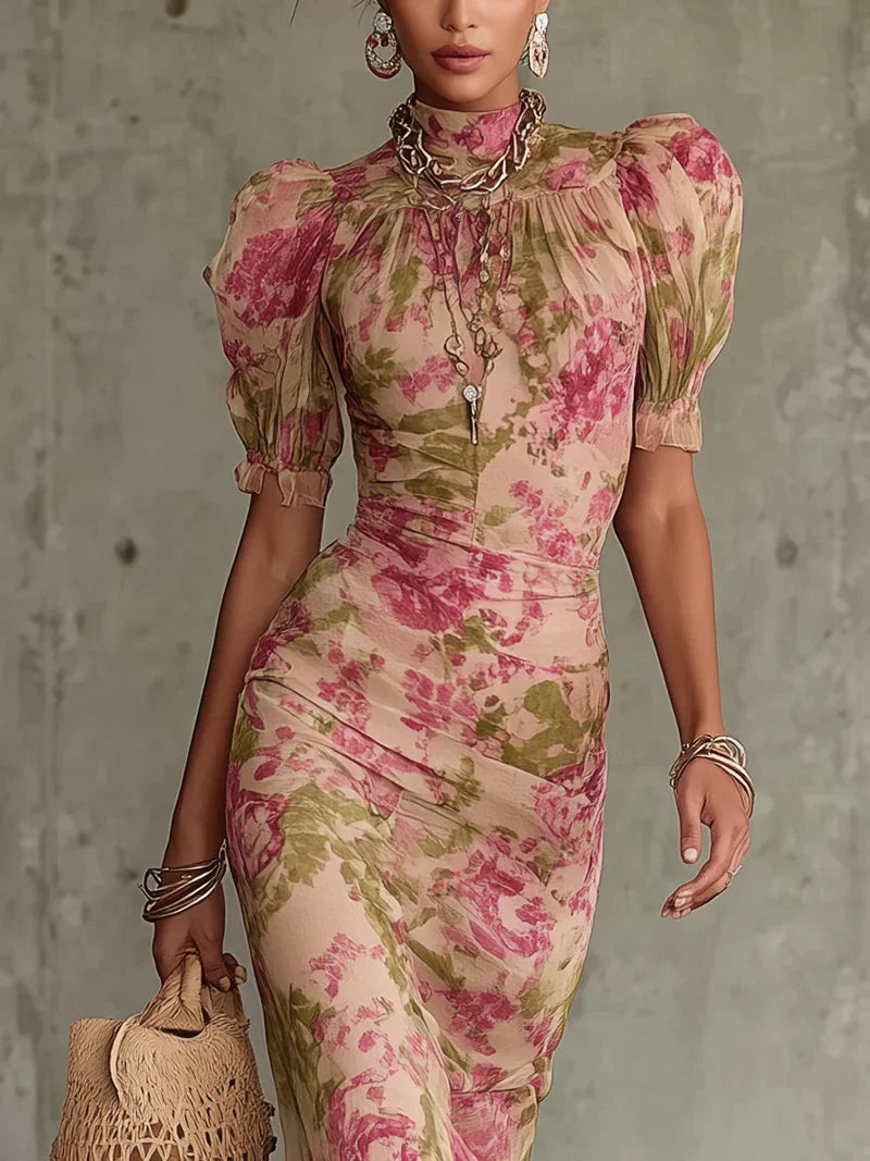 Eugenia Vestido Maxi con Estampado Floral Vintage Rosa y Mangas Abullonadas (Accesorios no incluidos)