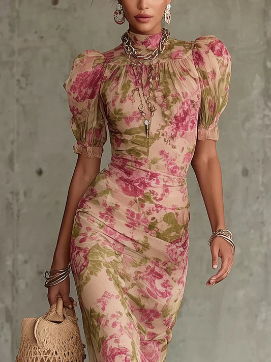 Eugenia Vestido Maxi con Estampado Floral Vintage Rosa y Mangas Abullonadas (Accesorios no incluidos)