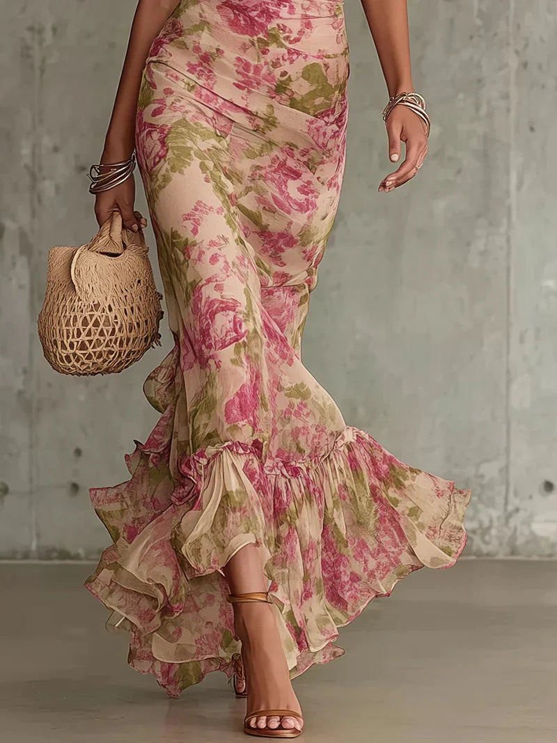 Eugenia Vestido Maxi con Estampado Floral Vintage Rosa y Mangas Abullonadas (Accesorios no incluidos)
