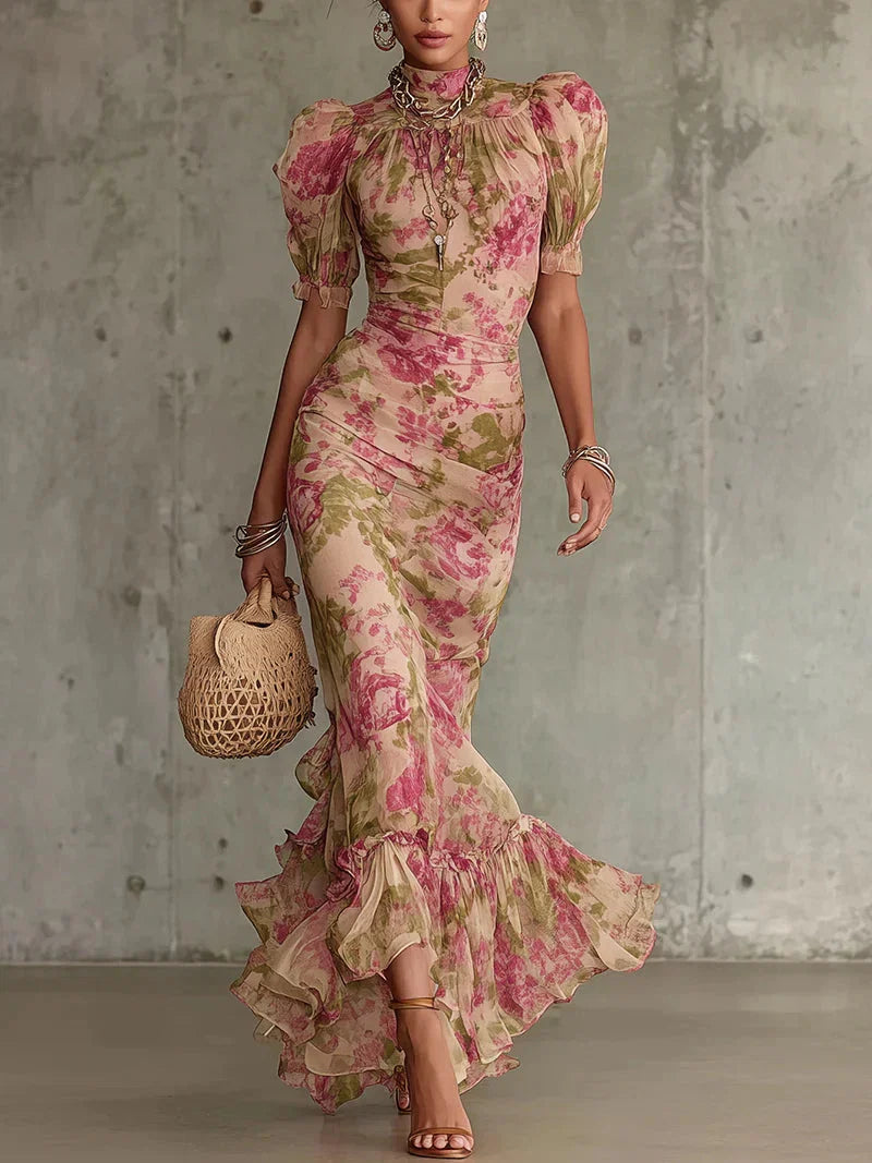 Eugenia Vestido Maxi con Estampado Floral Vintage Rosa y Mangas Abullonadas (Accesorios no incluidos)