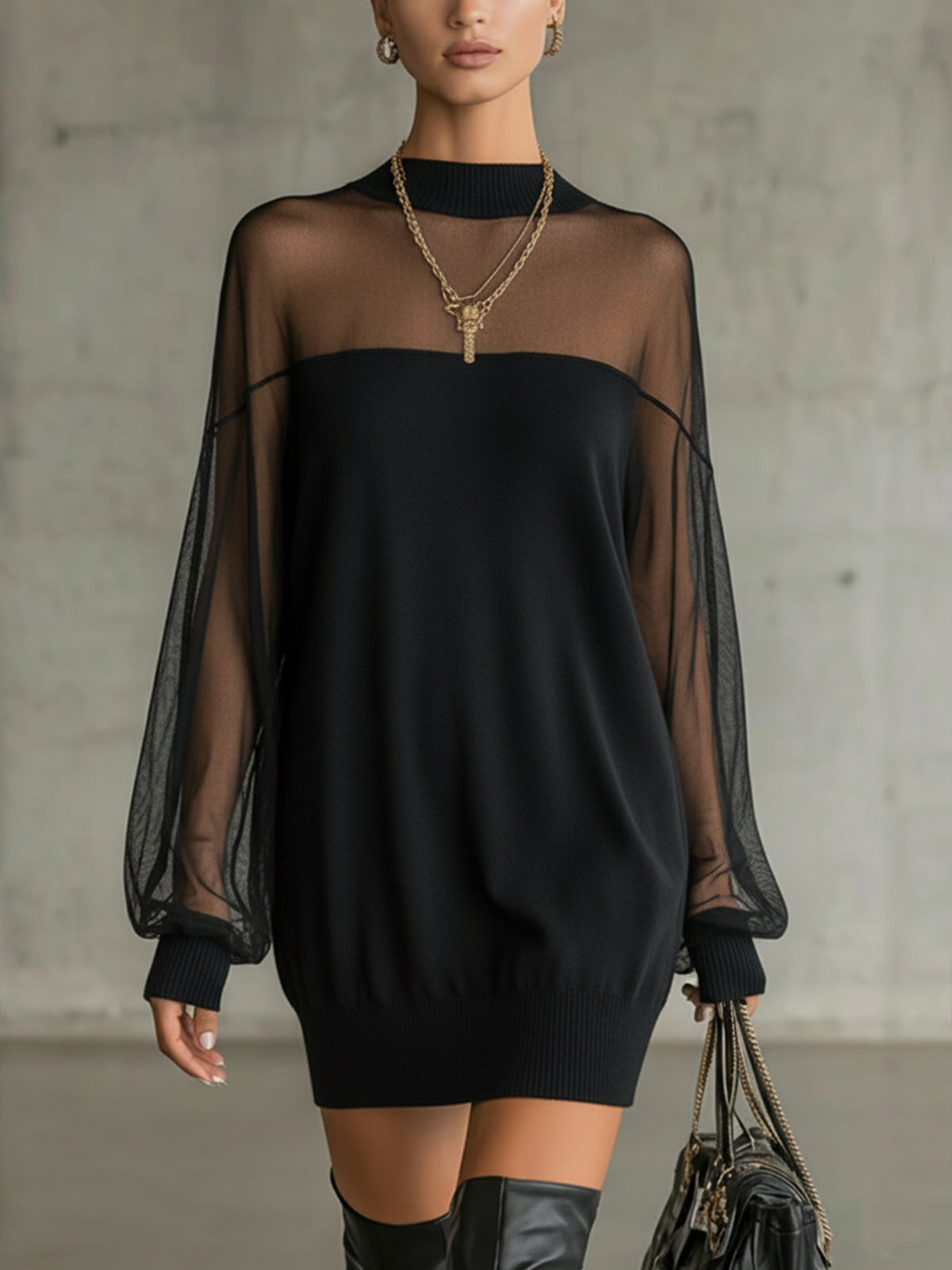 Amélie™ | Elegante Mini Abito Nero con Maniche in Rete