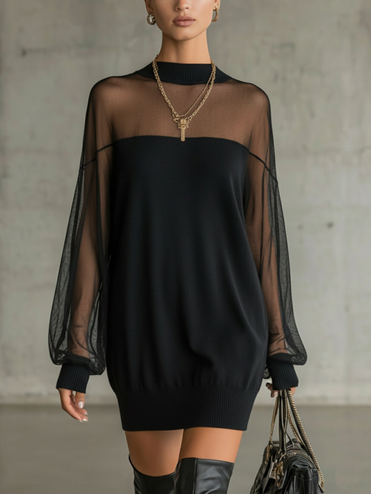 Amélie™ | Elegante Mini Abito Nero con Maniche in Rete