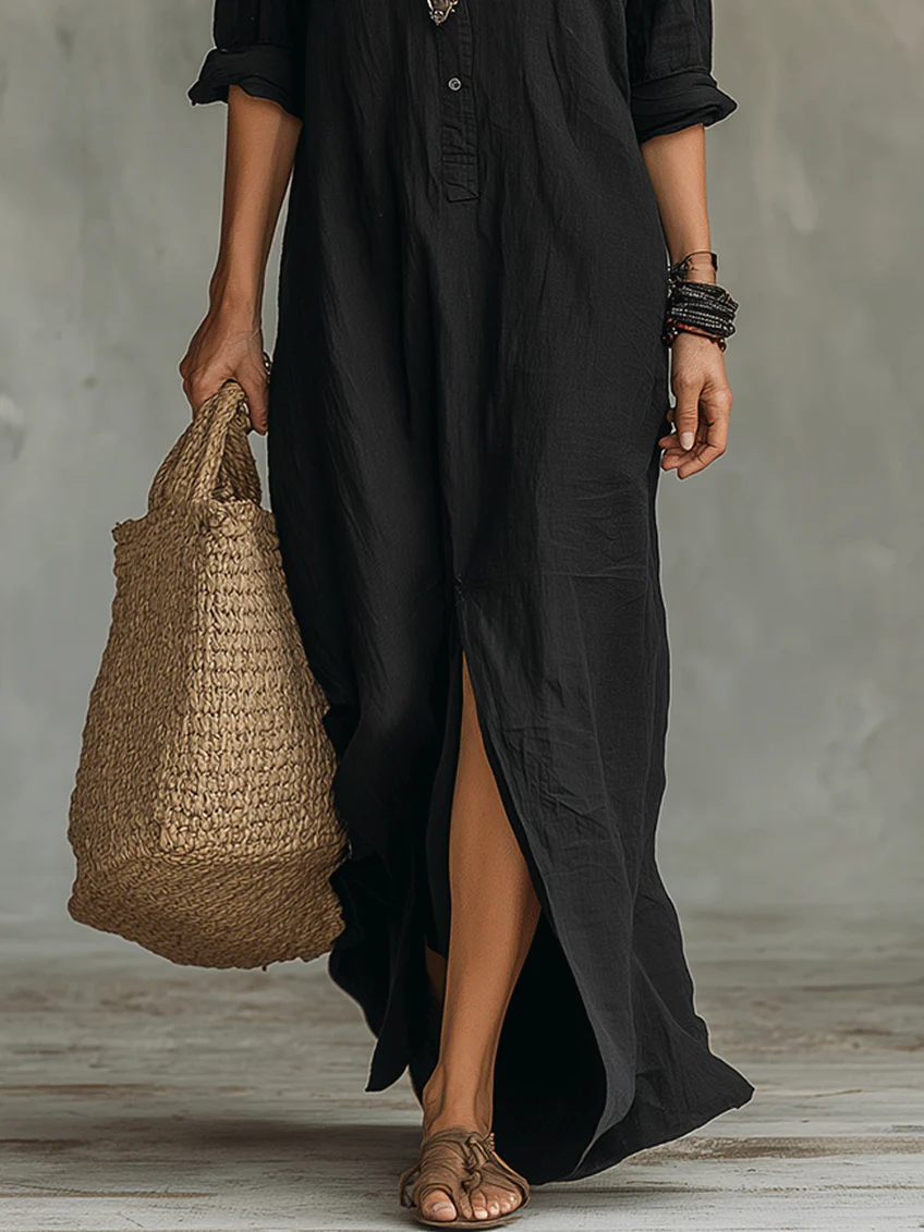 Soline™ | Abito Maxi Nero Lungo con Bottoni