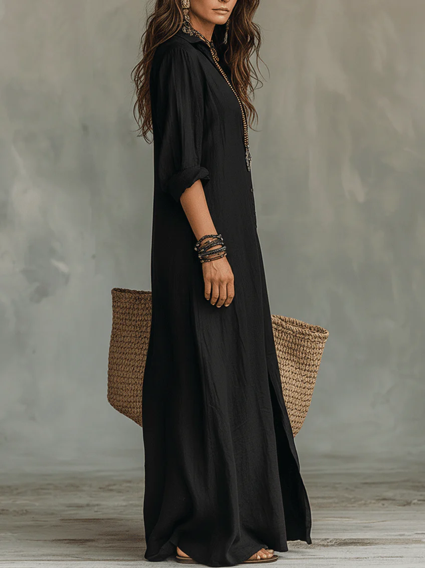 Soline™ | Abito Maxi Nero Lungo con Bottoni