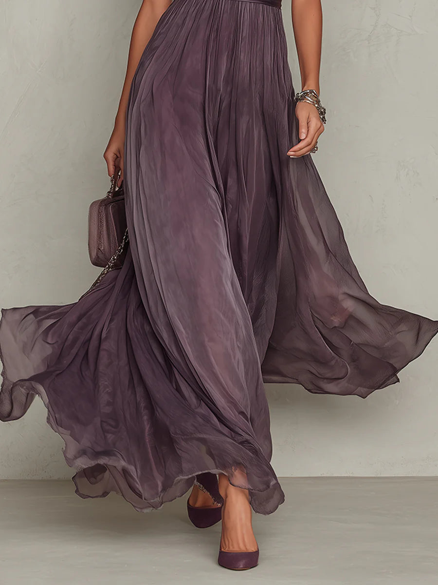 Flavia | Vestito lungo viola con scollo a chiave, bordo in pizzo di chiffon