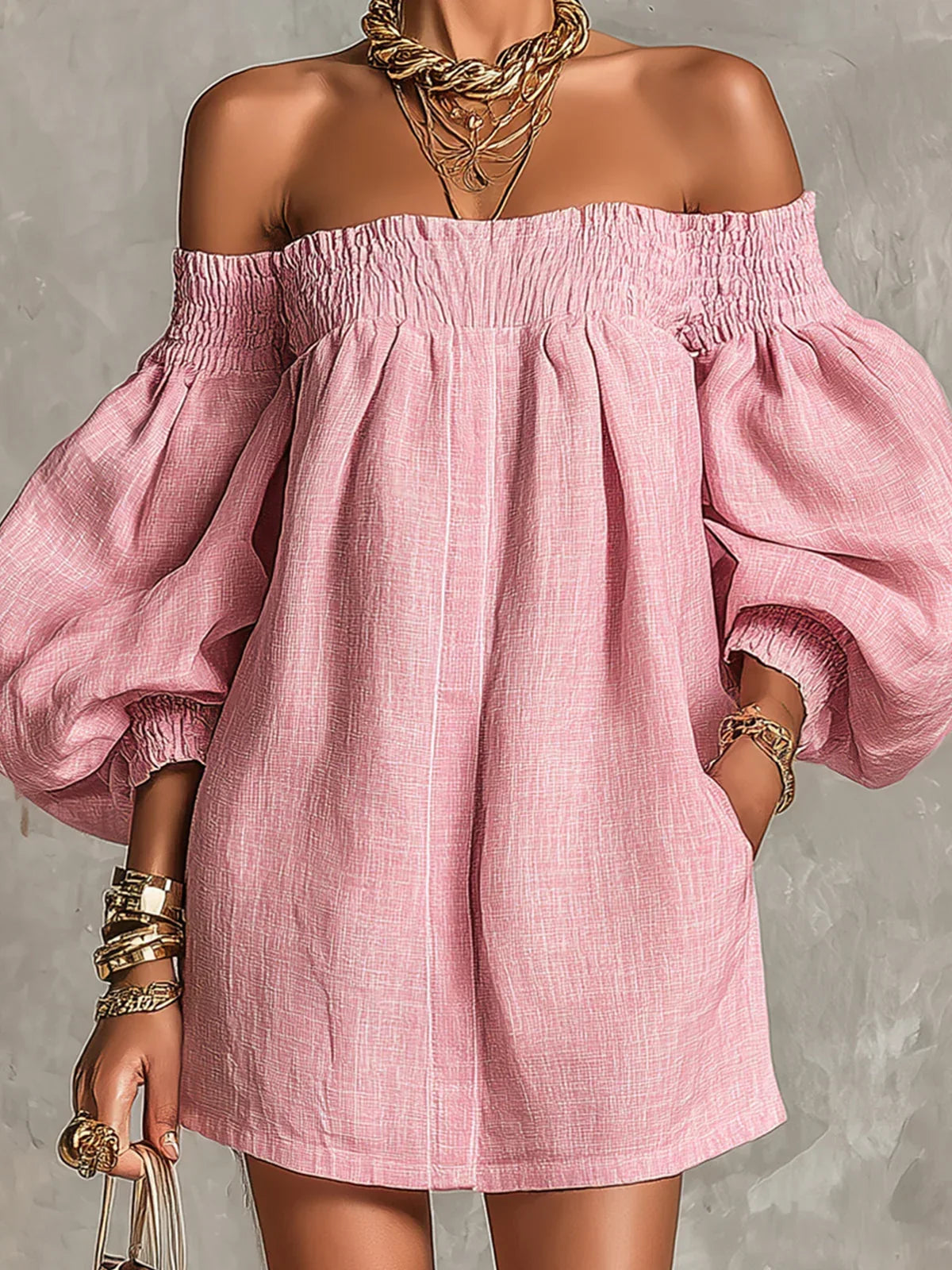 Gisela Vestido Mini Rosa en Línea A con Mangas Farol y Hombros al Descubierto