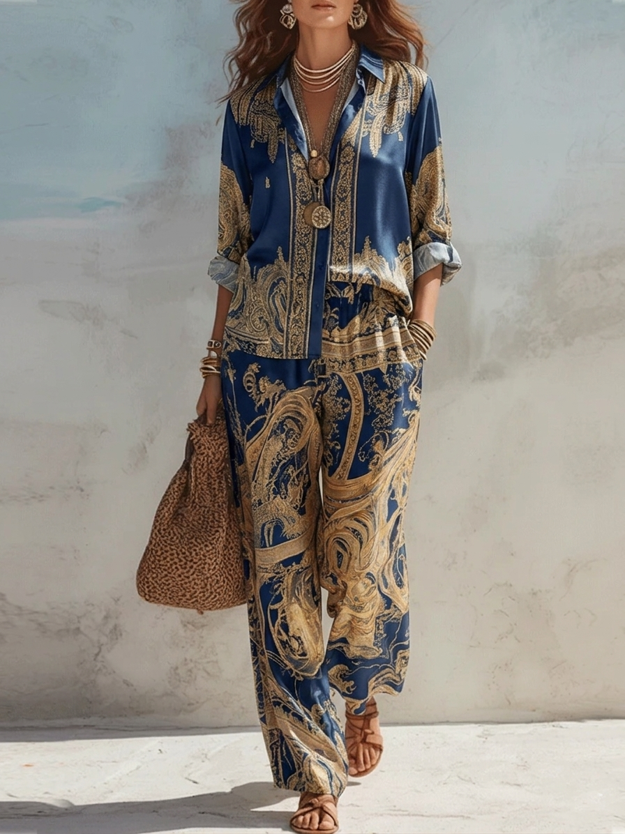 Caterina | Completo due pezzi in raso blu navy con stampa barocca dorata