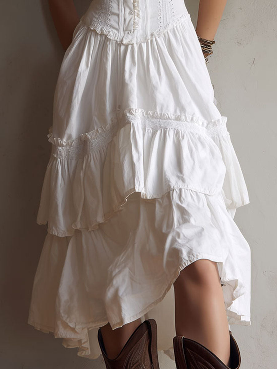Abito Midi a Strati Boho Retrò con Corsetto e Bordo in Pizzo
