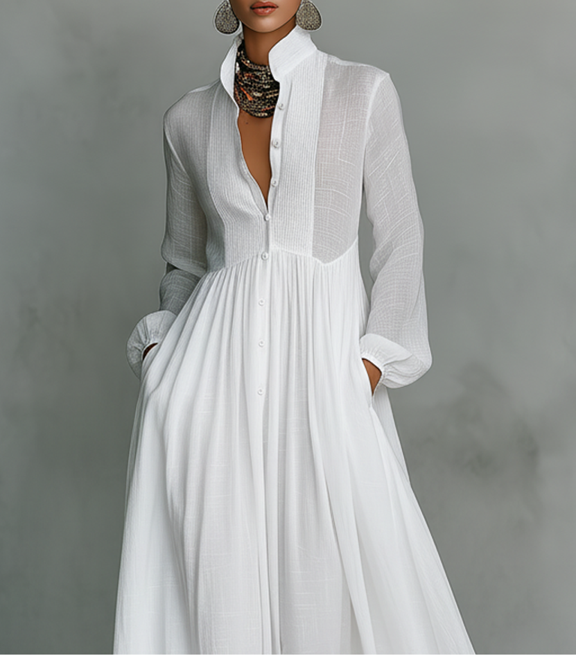 Elisa | Maglia maxi minimalista in cotone e lino con patchwork, collo alto e maniche lunghe