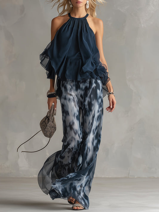 Sofía | Conjunto elegante con top halter azul marino y pantalón estampado