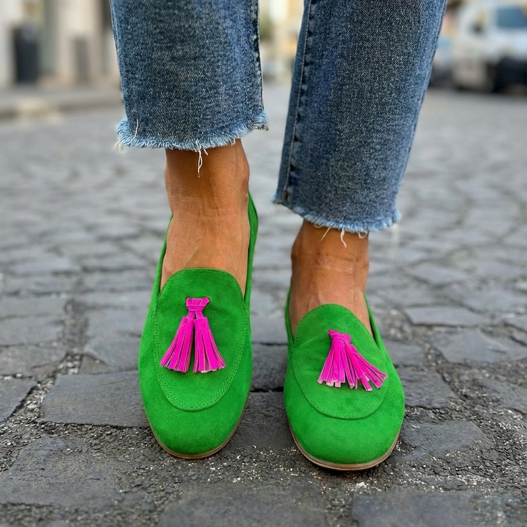 Isabela | Loafer Verdi Con Frange Fuchsia