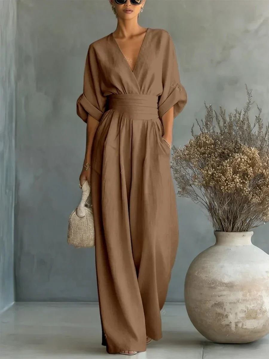 Elegante Tuta con Scollo a V e Vita Alta