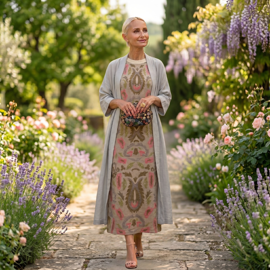 Aura | Abito Lungo Stampato con Gilet Coordinato